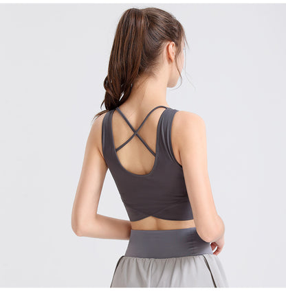 Custom LOGO/Pattern Solid Color 75% Spandex  + 25% Nylon Cross Back Training Fitness Yoga Bra Yoga Vest For Women (Instock) YGB-001 W0005