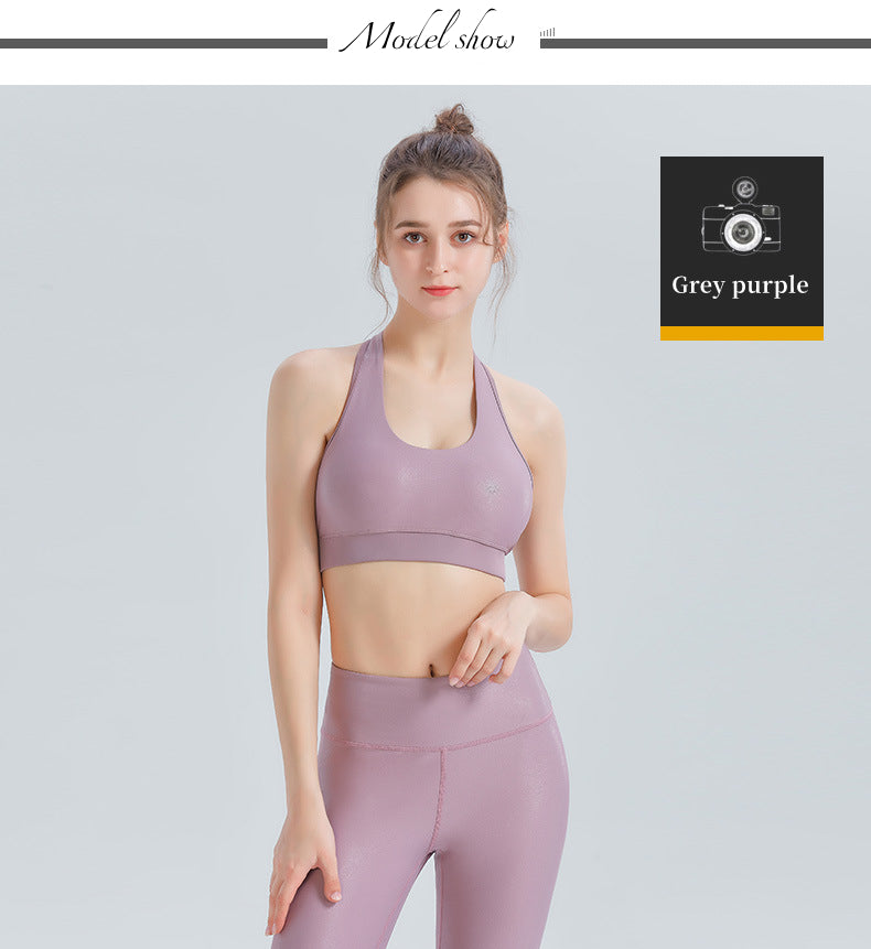 Custom LOGO/Pattern Solid Color 73% Polyester + 25% Spandex Pearlescent Surface Training Fitness Yoga Suit Yoga Bra/vest + Long Pant Set For Women (Instock) YGST-008 W0066+K0066