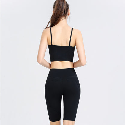Custom LOGO/Pattern Solid Color 75% Nylon + 25% Spandex Training Fitness Yoga Suit Yoga Bra/vest + Middle Pant Set For Women (Instock) YGST-011 W0006+K0015