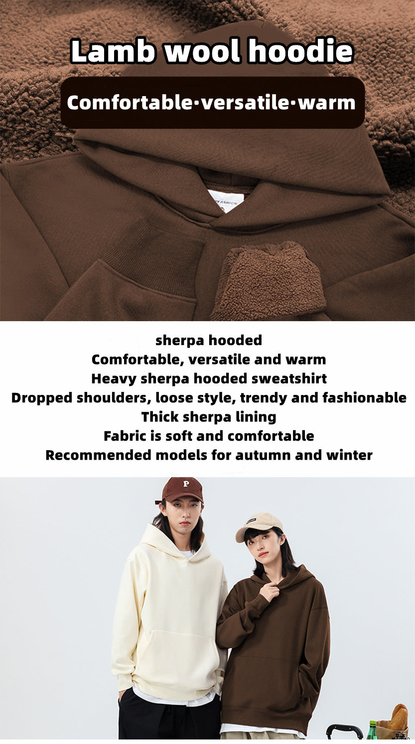 M063 Custom LOGO/Pattern 500g 100% Cotton Plus Size Loose Drop-shoulder Add Fleece Lamb Wool Hoodie for Men and Women(Instock) CHD-015