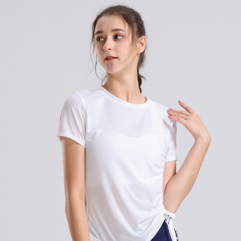 Custom LOGO/Pattern Solid Color 90% Nylon + 10% Spandex Training Fitness Drawstring Yoga T-shirt For Women (Instock) YGT-012 TD0003