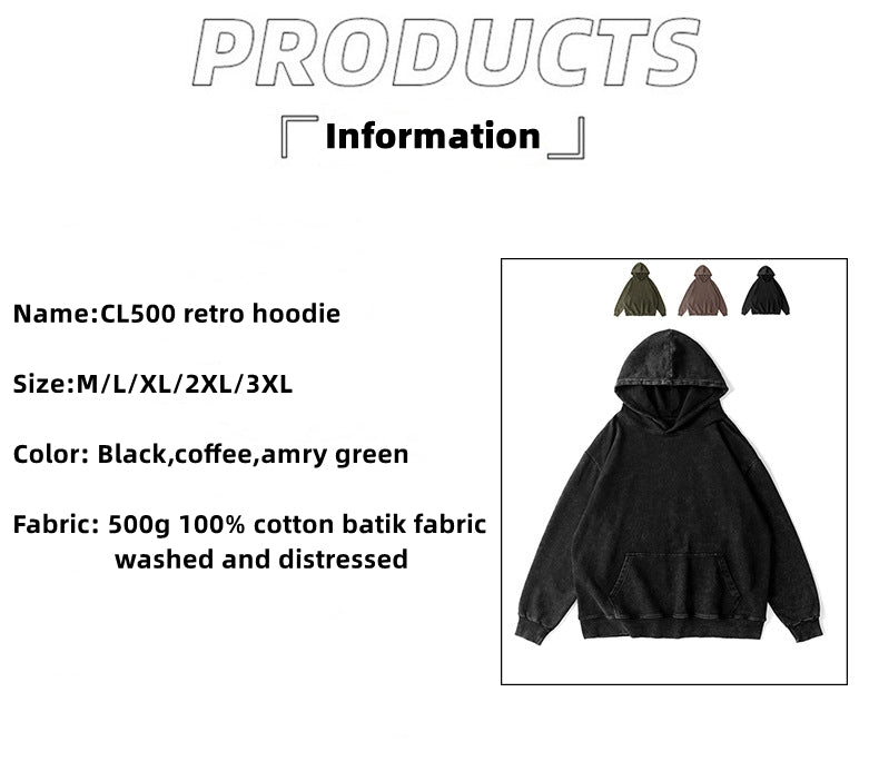 Custom LOGO/Pattern US size Heavyweight 500g 100% Cotton Washed and Distressed American Retro Hoodie for Men and Women (Instock) CHD-043 CL500