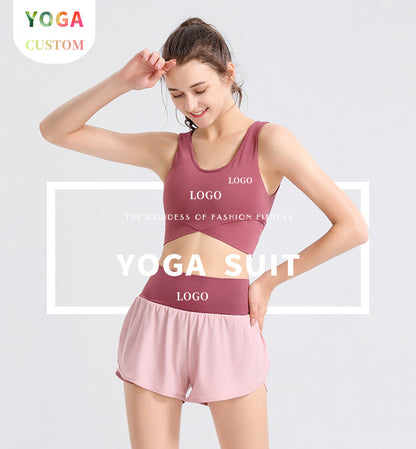 Custom LOGO/Pattern Solid Color 75% Nylon + 25% Spandex Training Fitness Yoga Suit Yoga Bra/vest + Anti-exposure Skirt Set For Women (Instock) YGST-023 W0005+K0007
