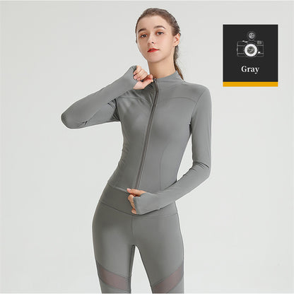 Custom LOGO/Pattern Solid Color 75% Nylon + 25% Spandex Training Fitness Quick Dry Yoga Zipper Stretch Tight Long Sleeves Coat For Women (Instock) YGCT-005 S0011
