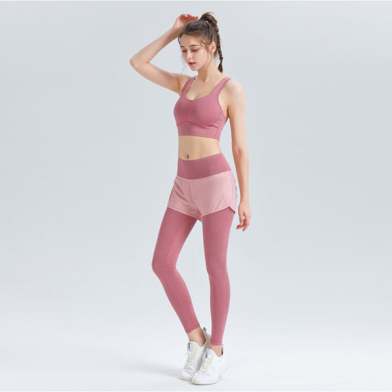 Custom LOGO/Pattern Solid Color 75% Polyester + 25% Spandex Anti-glare Training Fitness Yoga Suit Yoga Bra/vest + Long Pant-Fake Skirt Set For Women (Instock) YGST-020 W0068+K0068