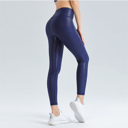 Custom LOGO/Pattern Solid Color 73% Polyester + 25% Spandex Training Fitness Pearlescent Surface High Waist Yoga Long Pants For Women (Instock) YGP-009 K0066
