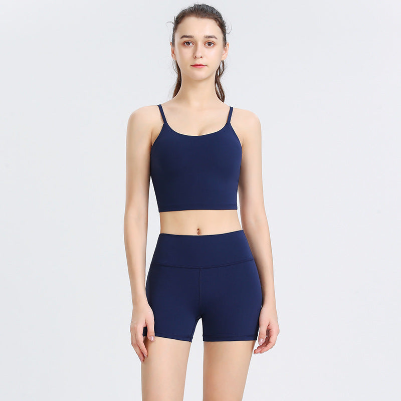 Custom LOGO/Pattern Solid Color 75% Nylon + 25% Spandex Training Fitness Yoga Suit Yoga Bra/vest + Shorts Set For Women (Instock) YGST-009 W0006+K0017