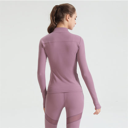 Custom LOGO/Pattern Solid Color 75% Nylon + 25% Spandex Training Fitness Quick Dry Yoga Zipper Stretch Tight Long Sleeves Coat For Women (Instock) YGCT-004 S0010
