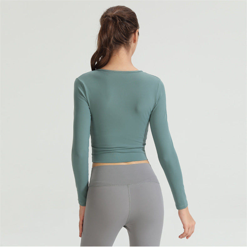 Custom LOGO/Pattern Solid Color 75% Nylon + 25% Spandex Training Fitness Yoga Long-sleeved T-shirt Yoga Sports Tights Coat For Women (Instock) YGT-011 TD0016