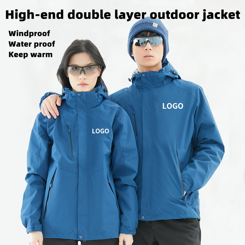 KF2108 Custom LOGO/Pattern Waterproof and Windproof Three-in-one Add Fleece Double Warmth Work and Travel and Camping Double Layer Outdoor Jackets For Men and Women CSJK-002 (MOQ=20PCS/each design)