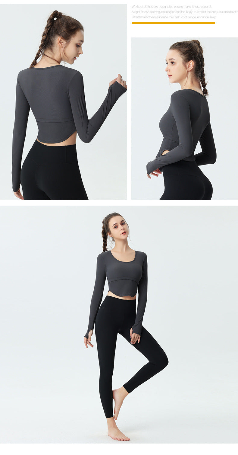 Custom LOGO/Pattern Solid Color 55% Nylon + 45% Spandex Training Fitness Yoga Long-sleeved T-shirt Yoga Sports Tights Coat For Women (Instock) YGT-013 TD0085