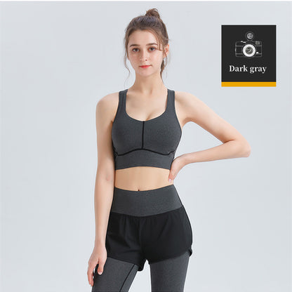 Custom LOGO/Pattern Solid Color 75% Polyester + 25% Spandex Anti-glare Training Fitness Yoga Suit Yoga Bra/vest + Long Pant-Fake Skirt Set For Women (Instock) YGST-020 W0068+K0068