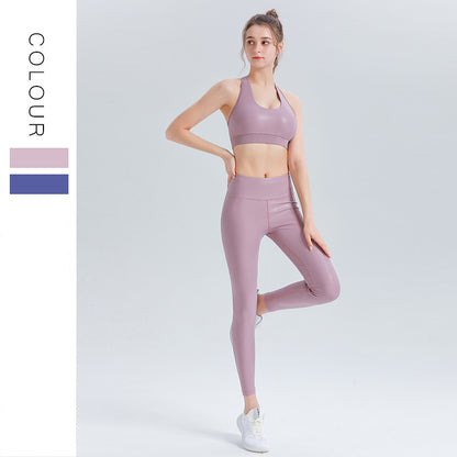 Custom LOGO/Pattern Solid Color 73% Polyester + 25% Spandex Pearlescent Surface Training Fitness Yoga Suit Yoga Bra/vest + Long Pant Set For Women (Instock) YGST-008 W0066+K0066