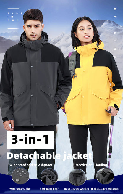 Custom LOGO/Pattern Waterproof and Windproof Three-in-one Fleece Liner Double Warmth Work and Travel and Camping Double Layer Two-peices Detachable Outdoor Jackets For Men and Women (Instock) CSJK-006 KF2088
