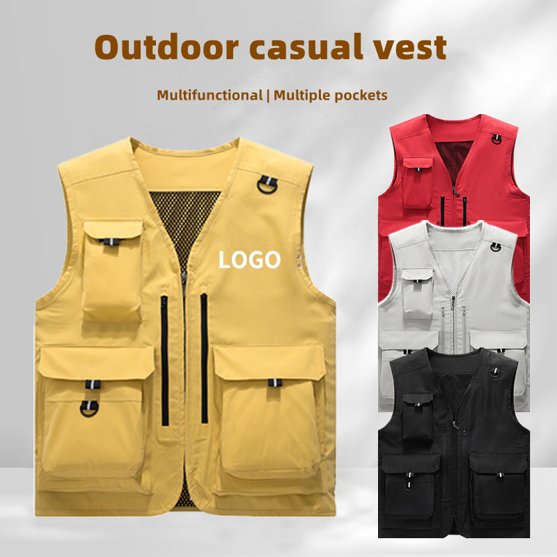 Custom LOGO/Pattern and Color 100% Polyester Thin V Collar Multi-pocket Loose Plus Size Vest For Men and Women (Instock) CSVS-006 FJ-PG22375 GYJ9006