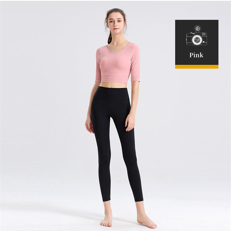 Custom LOGO/Pattern Solid Color 90% Nylon + 10% Spandex Training Fitness Yoga Half-sleeved T-shirt Yoga Sports Tights Coat For Women (Instock) YGT-009 TD0005