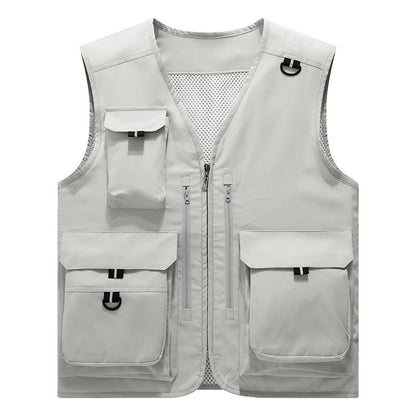 Custom LOGO/Pattern and Color 100% Polyester Thin V Collar Multi-pocket Loose Plus Size Vest Jacket For Men and Women (Instock) CSVS-006 FJ-PG22375 GYJ9006