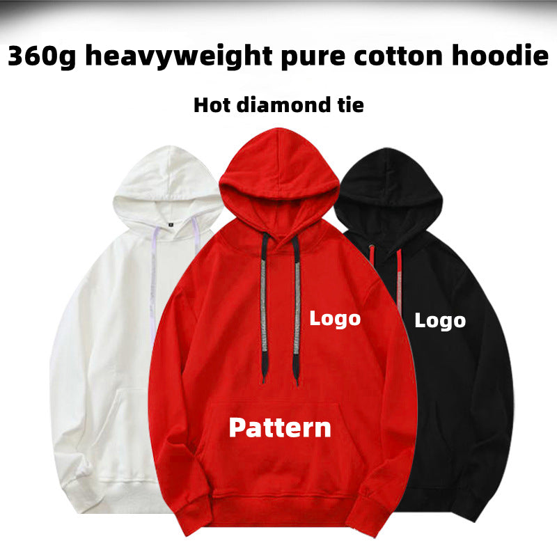 YC802S Custom LOGO/Pattern 360g 100% Cotton Loose Hot Diamond Hat Rope Drop-shoulder Thicked Hoodie for Men and Women(Instock) CHD-012