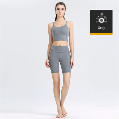 Custom LOGO/Pattern Solid Color 75% Nylon + 25% Spandex Training Fitness Yoga Suit Yoga Bra/vest + Shorts Set For Women (Instock) YGST-017 W0006+K0018