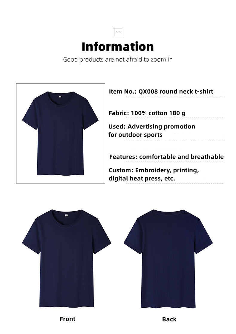 Customized LOGO/Pattern Adult 180g 26 sticks Double Yarn 100% Cotton Round Neck T-shirt For Men and Women (Instock) CST-011 QX008