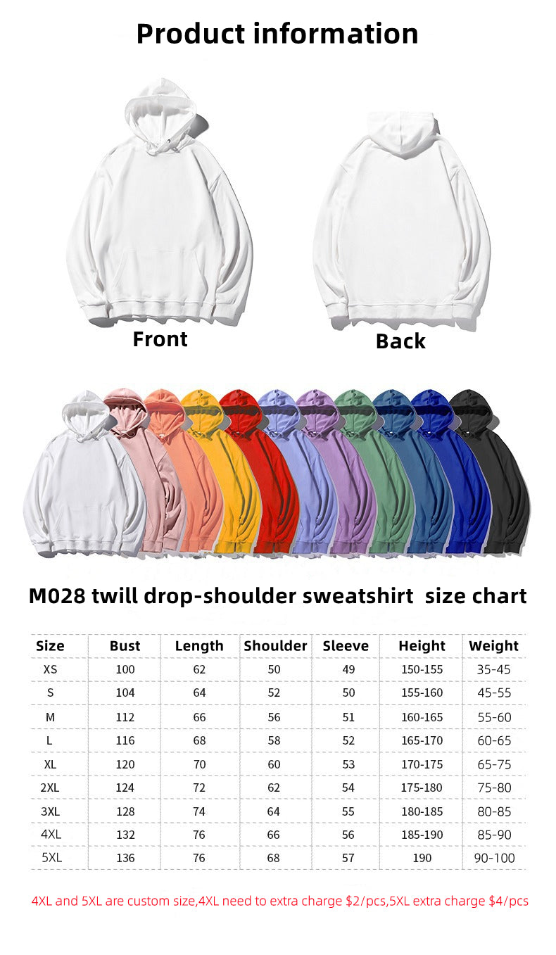 Custom LOGO/Pattern 280g 32 Counts 100% Polyester Plus Size Drop-shoulder Twill Hoodie for Men and Women (Instock, 4XL and 5XL are custom size) CHD-040 M028