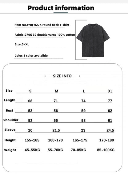 Customized LOGO/Pattern Retro American Style Adult Heavy Thicken 270g 100% Cotton 32 Sticks Double Yarns Round Neck T-shirt For Men and Women (Instock) CST-016 YBJ-027X