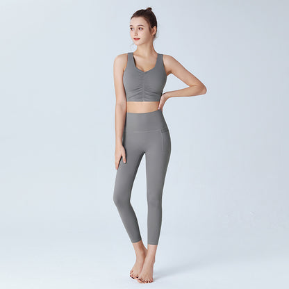 Custom LOGO/Pattern Solid Color 75% Nylon + 25% Spandex Training Fitness Yoga Suit Yoga Bra/vest + Long Pant Set For Women (Instock) YGST-006 W0092+K0098