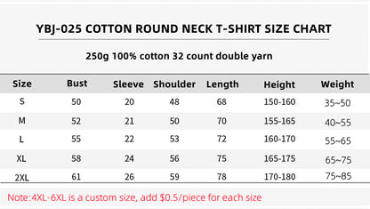 Customized LOGO/Pattern Adult 250g 32 sticks Double Yarn 100% Cotton Round Neck T-shirt For Men and Women (Instock) CST-007 YBJ-025