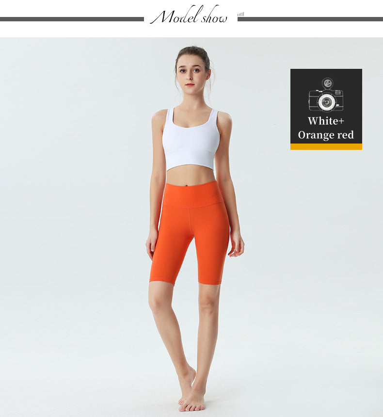 Custom LOGO/Pattern Cloud Sense Solid Color 75% Nylon + 25% Spandex Training Fitness Yoga Suit Yoga Bra/vest + Middle Pant Set For Women (Instock) YGST-013 W0095+K00180