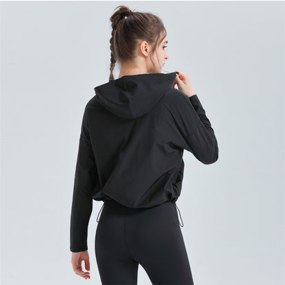Custom LOGO/Pattern Solid Color 90% Polyester + 10% Spandex Training Fitness Quick Dry Yoga Zipper Long Sleeves Coat with Hat For Women (Instock) YGCT-002 S0086