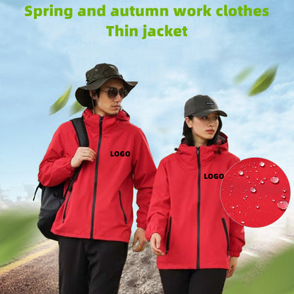 KF699 Custom LOGO/Pattern Waterproof and Windproof Work and Travel and Camping Single Layer Outdoor Jackets For Men and Women CSJK-009 (MOQ=20PCS/each design)