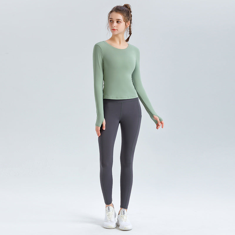 Custom LOGO/Pattern Solid Color 75% Nylon + 25% Spandex Training Fitness Yoga Suit Yoga Long-sleeved T-shirt + Long Pant Set For Women (Instock) YGST-004 TC0069+K0069