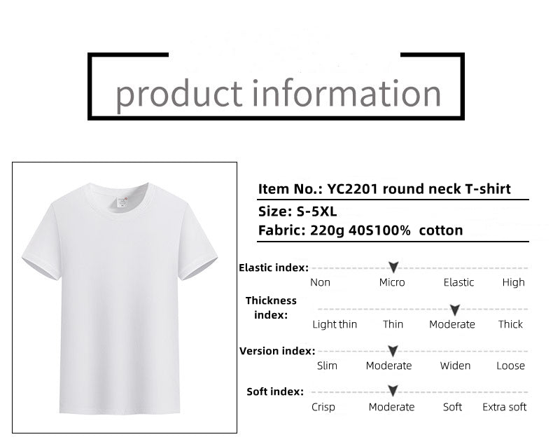 Customized  LOGO/Pattern Adult 220g 40 Sticks 100% Cotton Round Neck T-shirt For Men and Women (Instock) CST-034 YC2201